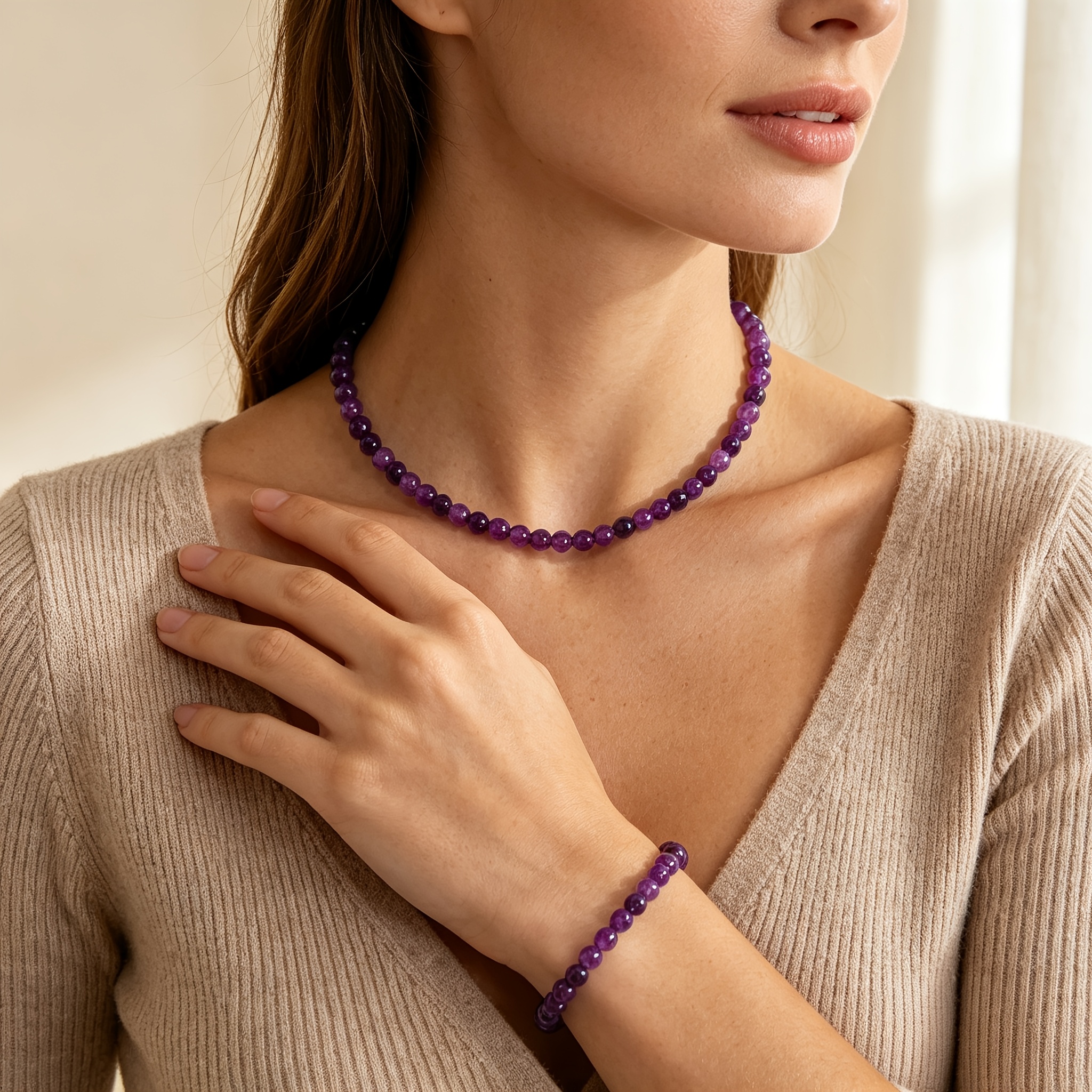 2pcs Bohemian Natural Stone Jewelry Set, Necklace & Bracelet